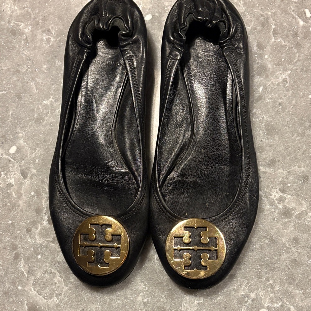 Tory Burch Black Flats with Gold Logo